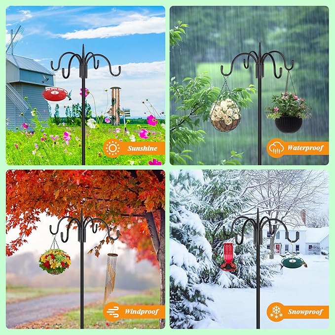 FEED GARDEN 76 Inch Four Shepherd Hooks for Outdoor,Bird Feeder Pole with 5 Prong Base, Adjustable Shepard Hooks for Hanging Plant, Solar Lanterns, Wind Chimes, 2 Pack FEEDGARDEN