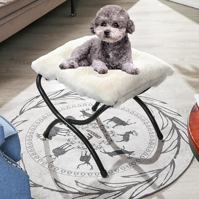 15" Foldable Foot Stool Ottoman with Metal Frame - Washable Faux Fur Beige Upholstered Indoor/Outdoor Footrest for Living Room, Bedroom, Patio - Space-Saving Compact Design WELL-STRONG