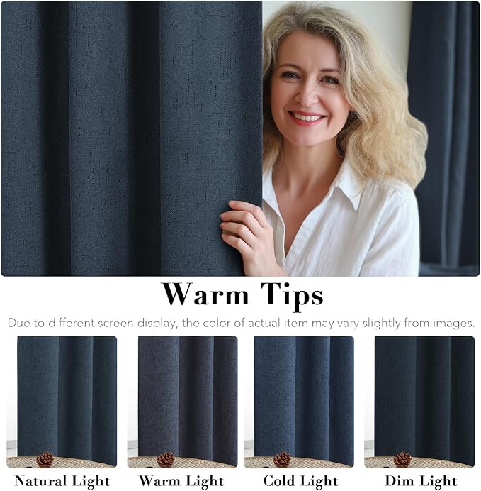 H.VERSAILTEX Linen Blackout Curtains 108 Inches Long 100% Absolutely Blackout Thermal Insulated Textured Linen Look Curtain Draperies Anti-Rust Grommet, Energy Saving with White Liner, 2 Panels, Navy HVERSAILTEX