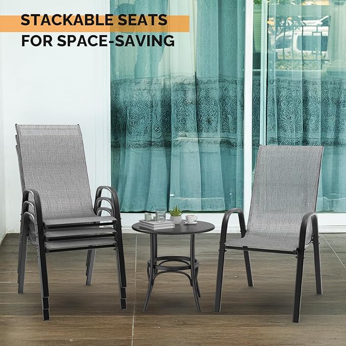 VINGLI Patio Chairs Set of 8 – Stackable Outdoor Dining Chairs with Comfortable Sling High Back Chairs and Armrests for Lawn, Poolside, Courtyard, Balcony, Garden, Silver Gray VINGLI