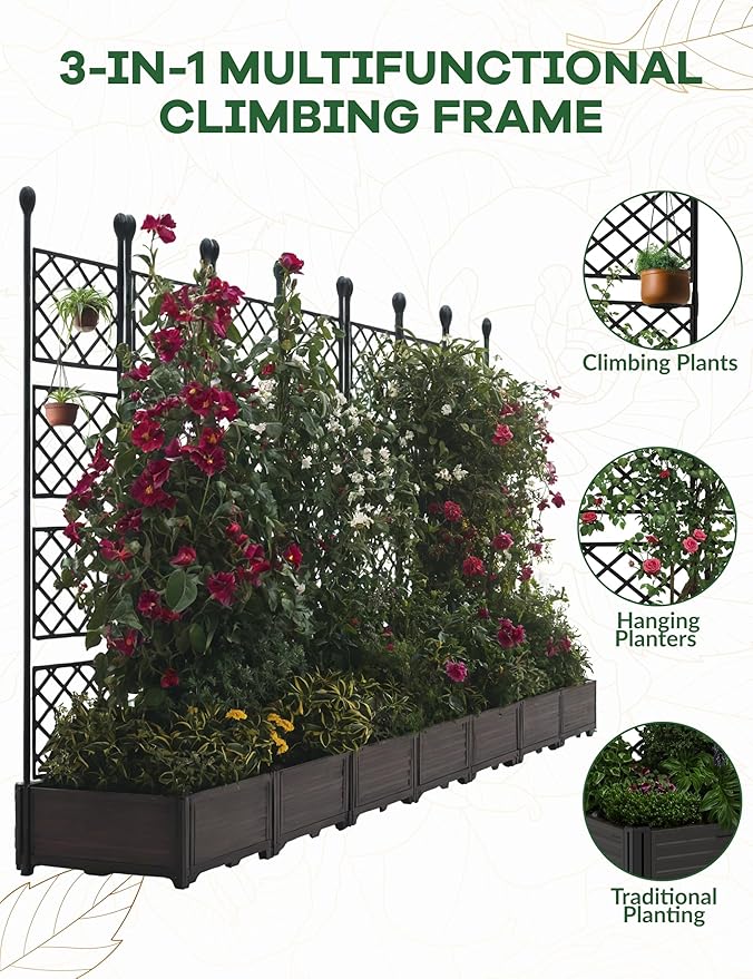 7 PCS Raised Garden Bed with Trellis & Privacy Screen, 116"w x 63"Tall Vertical Garden Planter Box for Climbing Plants - Sturdy Lightweight Outdoor Planter for Vegetables, Flowers on Patio, Balcony Rootora