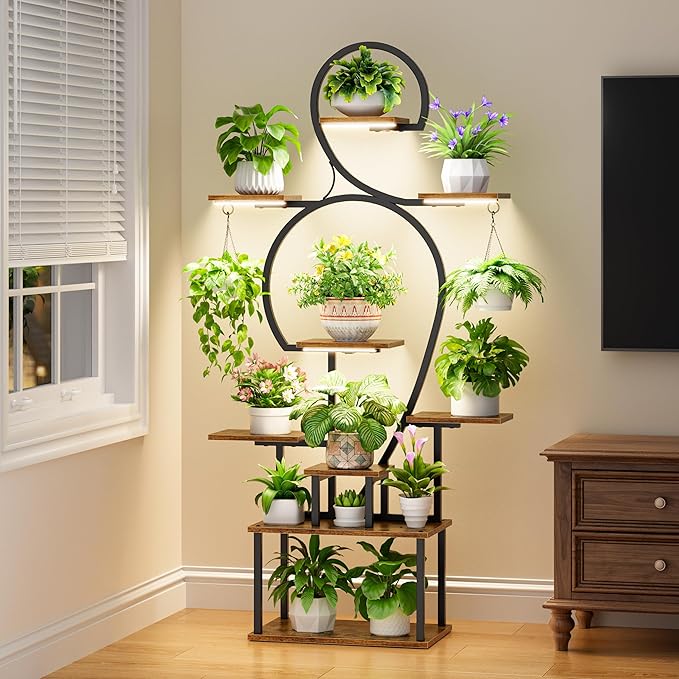 POZILAN Plant Stand Indoor with Grow Light - 9 Tiered 63" Tall Indoor Plant Shelf for Multiple Plants, Large Plant Shelf with Grow Light, Lighted Plant Stand for Indoor Plants POZILAN