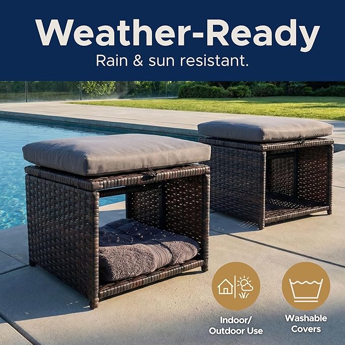 Outdoor Storage Ottoman (Set of 2) - All-Weather Wicker Patio Footstool with Washable Cushions - Sturdy Rattan Foot Rest & Hidden Box for Deck, Porch, Backyard & Balcony Rootora