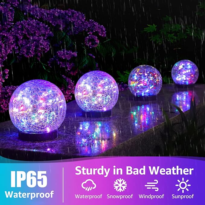 2-Pack Garden Solar Lights Outdoor, Colored Cracked Glass Ball Light Waterproof, Decorative Solar Powered Globe Lighting Multicolor for Yard ASOMST