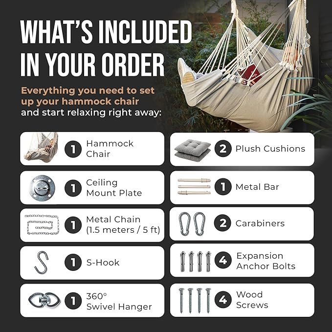 Hanging Hammock Chair Swing – Hanging Chair Outdoor & Indoor - Hammock Swing Chair – Quick & Easy Setup with Hardware Kit – Durable & Spacious Full Body Support with 2 Plush Cushions – Holds 440 Lbs EXTIRIO