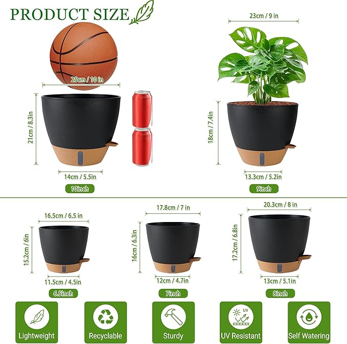 Self Watering Pots for Inoor Ourdoor Plants 10/9/8/7/6.5 Inch Plastic Planters with Drainage Holes & Water Level Indicator, Decorative House Flower Nursery Planting Pots with Saucers (Black) Fielda