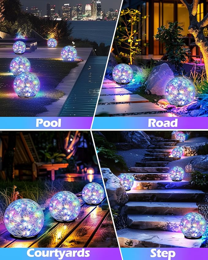 Coroor Garden Solar Ball Lights Outdoor Waterproof, 50 LED Cracked Glass Globe Solar Power Ground Lights for Path Yard Patio Lawn, Outdoor Decoration Landscape Colorful(2 Pack 4.7'') Coroor