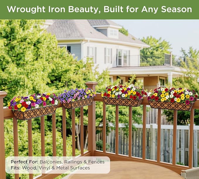 HFHOME 24 Inch Window Deck with Coco Liner, 24" Window Boxes Horse Trough with Coconut Coir Liner, Black Metal Hanging Flower Planter Basket Railing Planter for Outdoor Indoor Lawn - 2 Pack HFHOME