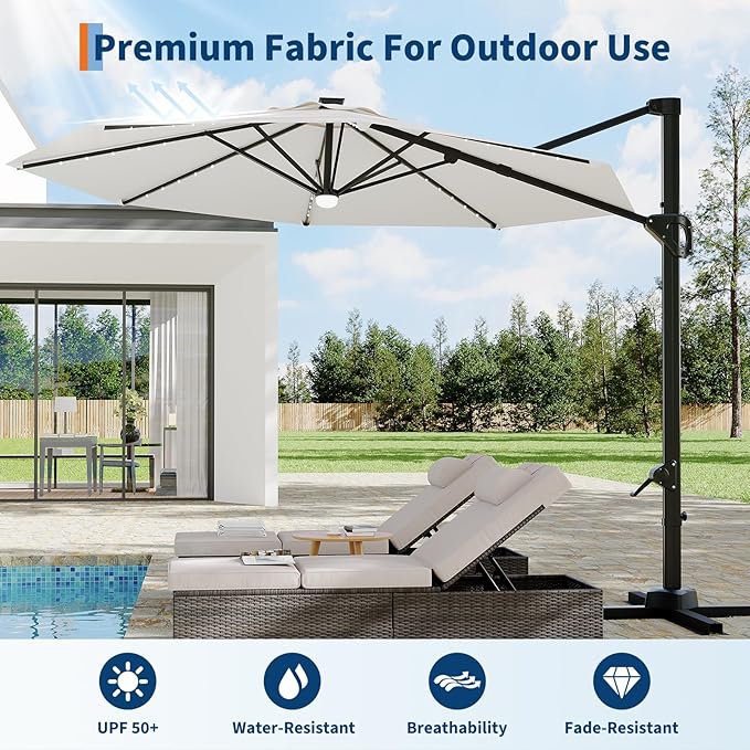 Garvee 10 ft Cantilever Patio Umbrella with Solar Lights, 360° Rotation Offset Umbrella, Easy Crank & Tilt Adjustment, UV Protection for Backyard, Poolside, Deck -Beige Garvee