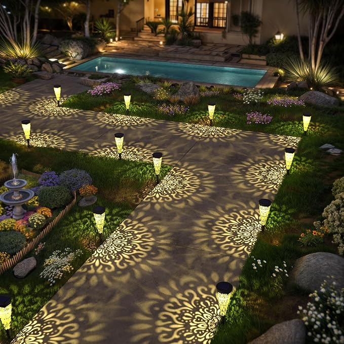 6 Pack Solar Lights Outdoor Garden Decorative Mandala Solar Pathway Lights Waterproof Plastic Outside Solar Path Landscape Lights Gardening Gifts for Women Mom Backyard Walkway Yard Decor gardencave