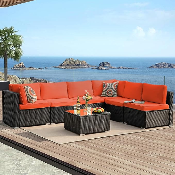 7-Piece Patio Furniture Set - Outdoor Sectional Sofa Set with Cushions and Glass-Top Coffee Table for Gardens, Poolside, Backyards and Porches, Black/Orange ZJEYEJZ