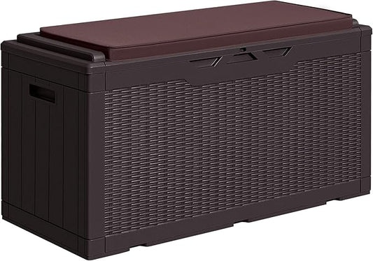 Greesum 100 Gallon Resin Deck Box Large Outdoor Storage with Cushions for Patio Furniture, Garden Tools, Pool Supplies, Weatherproof and UV Resistant, Lockable, Dark Brown BuynowfromGreesum