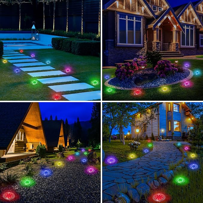 LYHOPE Solar Ground Light Outdoor, 16 Pack 8 LED Color Changing Solar Disk Lights Waterproof Garden In-ground Pathway Lights Landscape Lighting for Lawn,Yard,Deck,Patio,Walkway (RGB) LYHOPE