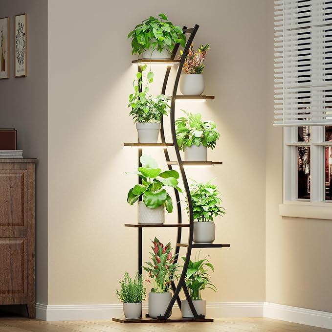62“ Plant Stand Indoor with Grow Lights - 7 Tiered Tall Metal Plant Shelf - Corner Wooden Plant Stand for Indoor Plants Multiple, Large S-Shape Flower Rack Holder for Living Room, Garden, Patio Decor MJOMKN