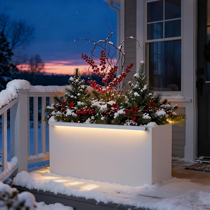 GSK 30" L White LED Metal Planter with Light Outdoor Illuminate Magnetic 3000K Lighting Strips Rectangular Flower Box Rectangle Trough Drainage Holes Indoor Patio Balcony Garden GSK