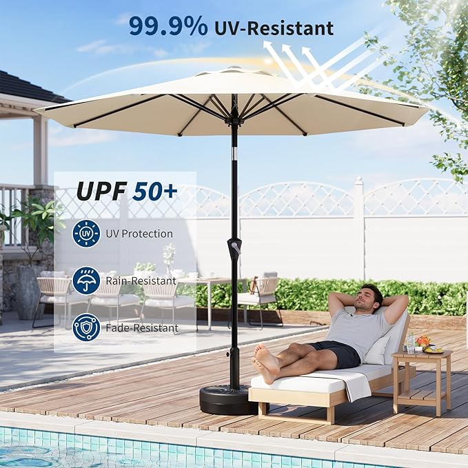Garvee 9FT Patio Umbrella - Outdoor Table Umbrella with Smooth Crank Lift, Push Button Tilt and 8 Sturdy Ribs - Market Umbrella UV Protection Waterproof for Pool, Deck, Yard, Garden -Beige Garvee
