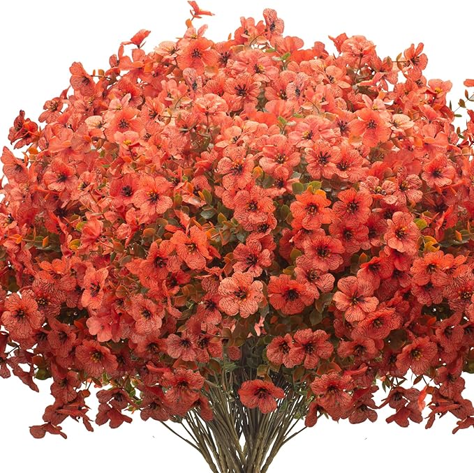 Fall Outdoor Artificial Flowers 16 Bundles - UV Resistant Faux Daisy with Eucalyptus Leaves, Weatherproof Fake Plants for Porch, Patio, Garden Decor, Indoor Outdoor Decor (Fall Orange Red) Grunyia