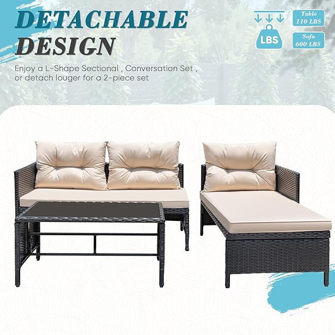 Greesum 3 Piece Patio Furniture Set Outdoor Wicker Rattan Sectional Sofa with Cushions & Coffee Table for Yard, Garden, Porch, Poolside, Light Beige BuynowfromGreesum