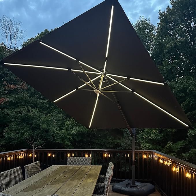 PURPLE LEAF 10 Feet Patio Umbrella with Base Outdoor Cantilever Solar Powered LED Swivel Square Umbrella Aluminum Offset Umbrella with 360-degree Rotation for Garden Deck Pool Patio, Grey PURPLELEAF