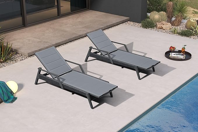 PURPLE LEAF Outdoor Chaise Lounge 2 Pieces Patio Recliner Sunbathing Tanning Chair for Poolside Balcony with Armrests Backyard Moon Basalt PURPLELEAF