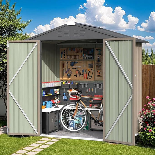 Greesum 6×4FT Outdoor Storage Shed, Metal Patio Storaged Sheds with Lockable Doors, Sheds & Outdoor Storage for Bike, Backyard, Pool and Garden, Brown BuynowfromGreesum