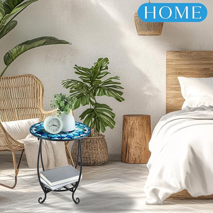Outdoor Side Table Round Small Mosaic Patio Accent Indoor End Plant Coffee Tea Table for Yard Patio Porch Garden Living Room, Bedroom(Mandala Style,12 Inch) Cinnvoice