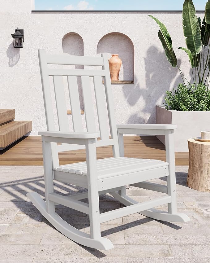 GarveeLife Poly Lumber Rocking Chair Outdoor Set of 4 with 2 Side Table - HDPE High Back Porch Rocker Chairs for Adults - All Weather Resistant Furniture for Patio - White GarveeLife