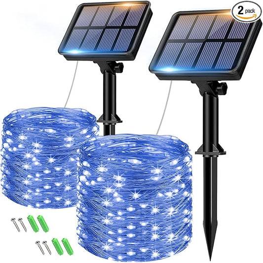 2 Pack Solar String Lights for Outside - 160LED 66FT Solar Fairy Lights Outdoor Waterproof 8 Modes, Copper Wire Solar Powered Twinkle Lights for Tree Garden Christmas Wedding Party Decor, Blue btfarmdecorativelighting