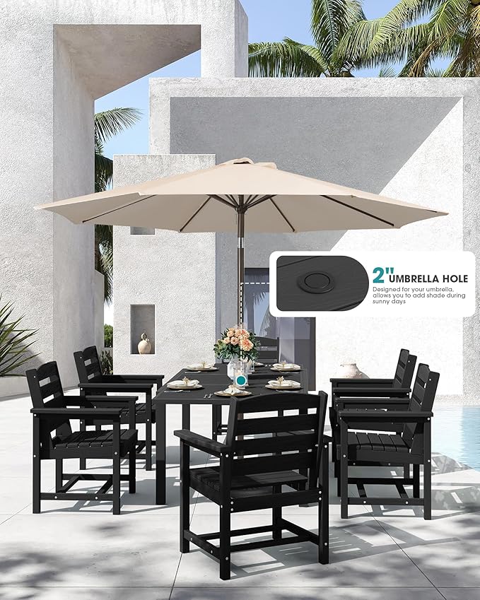 SERWALL 7-Piece Patio Dining Sets, 60" - 83" Expandable Outdoor Dining Table and 6 HDPE Chairs, All Weather HDPE Outdoor Furniture Set for Backyard, Garden, Black SERWALL