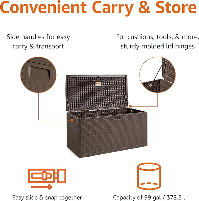 Amazon Basics Outdoor Storage Deck Box, Lockable, Weather-Resistant, 99 Gallon, Brown, for Patio Cushions, Gardening Tools, Pool Accessories AmazonBasics