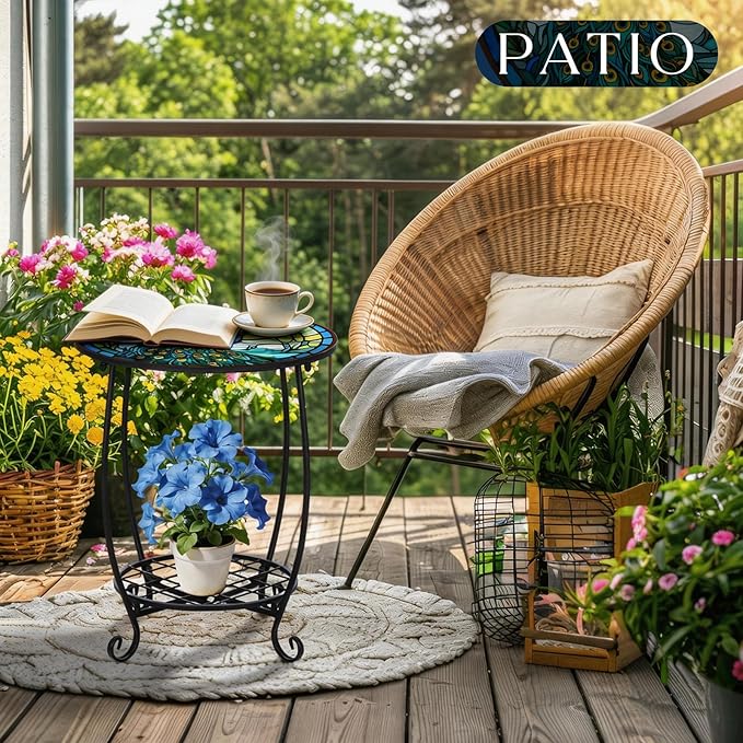 Outdoor Side Table Round Small Mosaic Patio Accent Indoor End Plant Coffee Tea Table for Yard Patio Porch Garden Living Room, Bedroom(Peacock Style,18 Inch) Cinnvoice