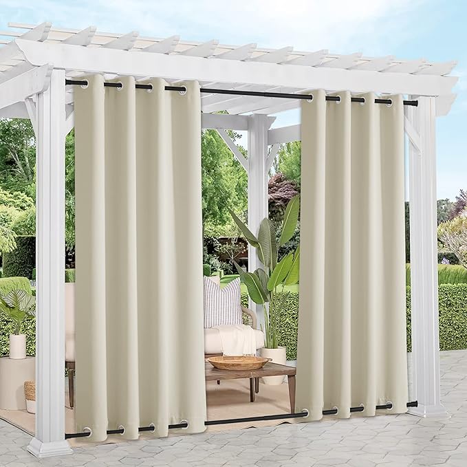 NICETOWN 2 Panels Beige Outdoor Curtains for Patio Waterproof, Sunlight Block Rustproof Grommet Top and Bottom Windbreak Heavy Weight Fixed Outdoor Drapes for Pergola, W52 x L108 NICETOWN