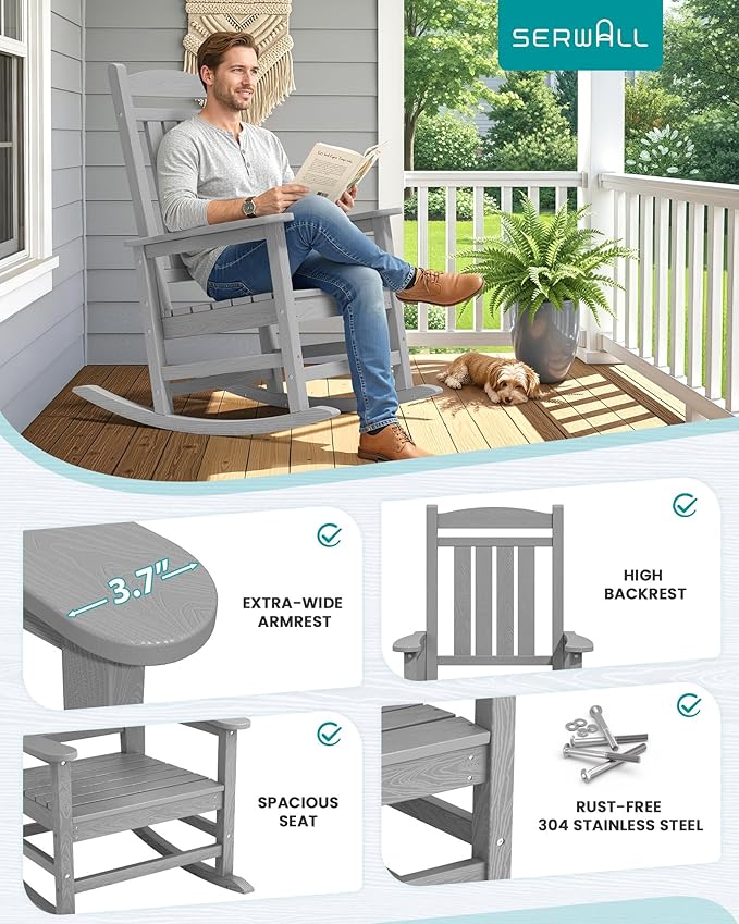 SERWALL Oversized Outdoor Rocking Chair, All-Weather Patio Rocking Chair, HDPE Porch Rocker for Adults, Light Gray SERWALL
