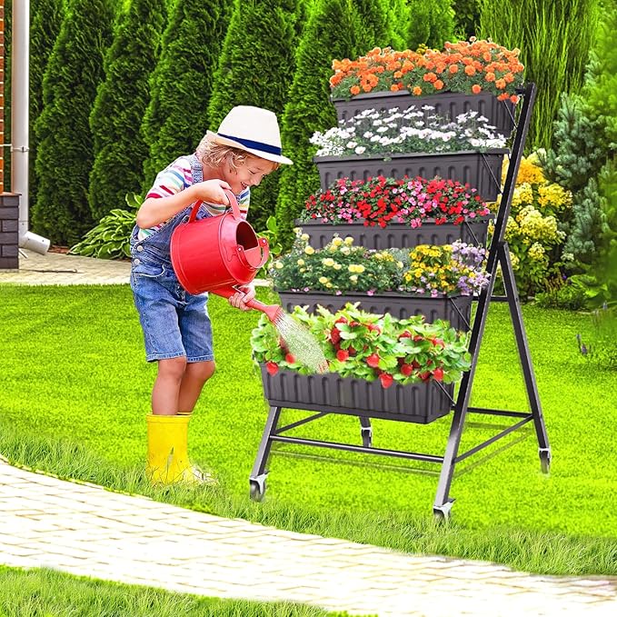 SEJOV 4FT Vertical Raised Garden Bed, 5-Tier Vertical Garden Planter with Drainage System, Larger Elevated Planter Box for Herb Vegetables Flowers Indoor Outdoor Planters (Black with Lockable Wheels) SEJOV