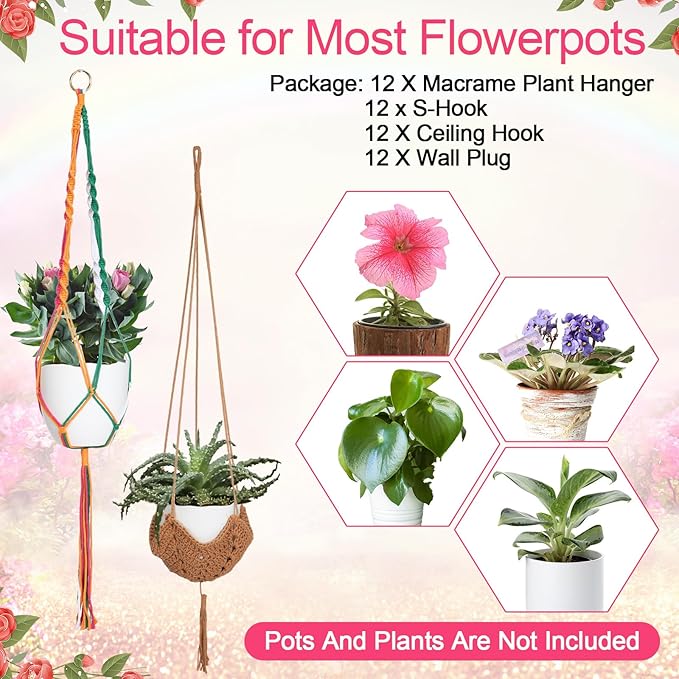 Hoteam 12 Pcs Macrame Plant Hangers Macrame Hanging Planters for Indoor Plants Handmade Boho Hanging Baskets Flower Pots Holder for Outdoor Home Wall Decor Hoteam
