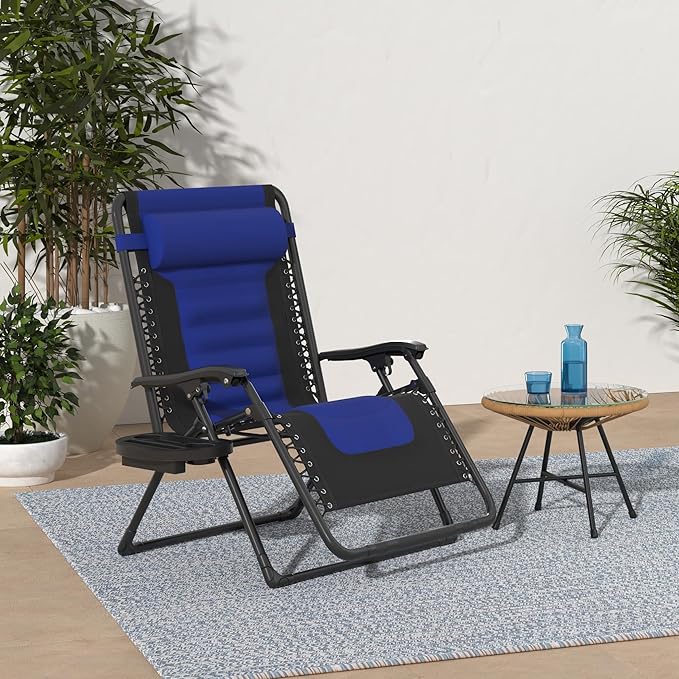 Best Choice Products Oversized Padded Zero Gravity Chair, Folding Outdoor Patio Recliner, XL Anti Gravity Lounger for Backyard w/Headrest, Cup Holder, Side Tray, Polyester Mesh - Blue BestChoiceProducts