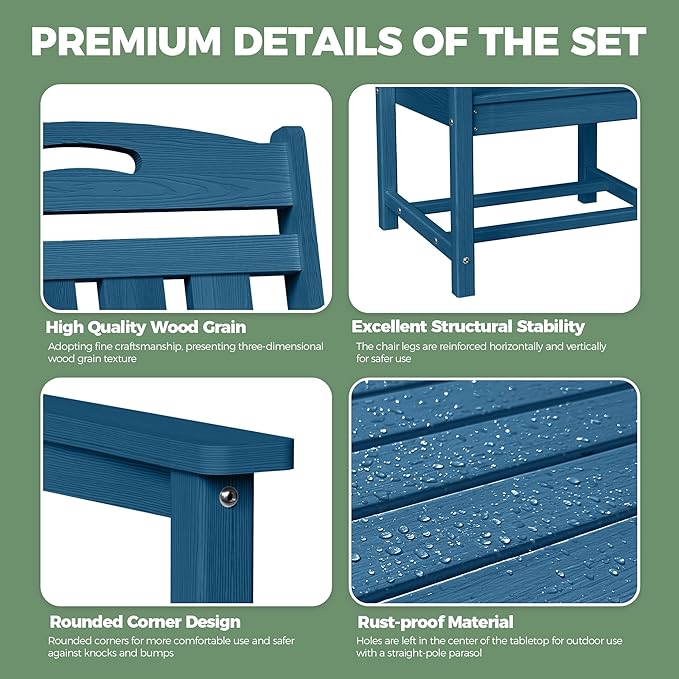 HDPE Outdoor Patio Dining Set with Table & 4 Chairs, All-Weather 5-Piece Outdoor Table and Chairs, 2" Umbrella Hole, Patio Furniture for Garden, Backyard, Deck | Navy Blue Suunyn
