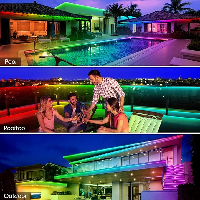 Outdoor LED Strip Lights Waterproof,IP68 Outside Led Light Strips Waterproof with Bluetooth App Remote Control,Music Sync RGB Exterior Led Rope Lights,for Balcony,Deck,Roof,Garden,Pool (300FT Outdoor) AILBTON