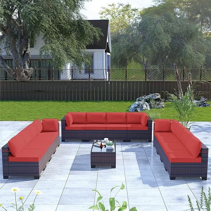 Kullavik 14 Pieces Outdoor Patio Furniture Set PE Wicker Rattan Sectional Sofa Patio Conversation Sets,Red KULLAVIK