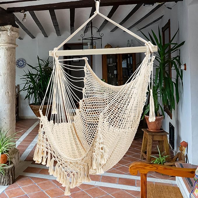 Hammock Chair，Max 330lbs, Large Hanging Chair, Soft Cotton Rope Swing Chair with High Load-Bearing Metal Rod,Indoor Outdoor Garden Yard Living Room Use Beige YAERSI