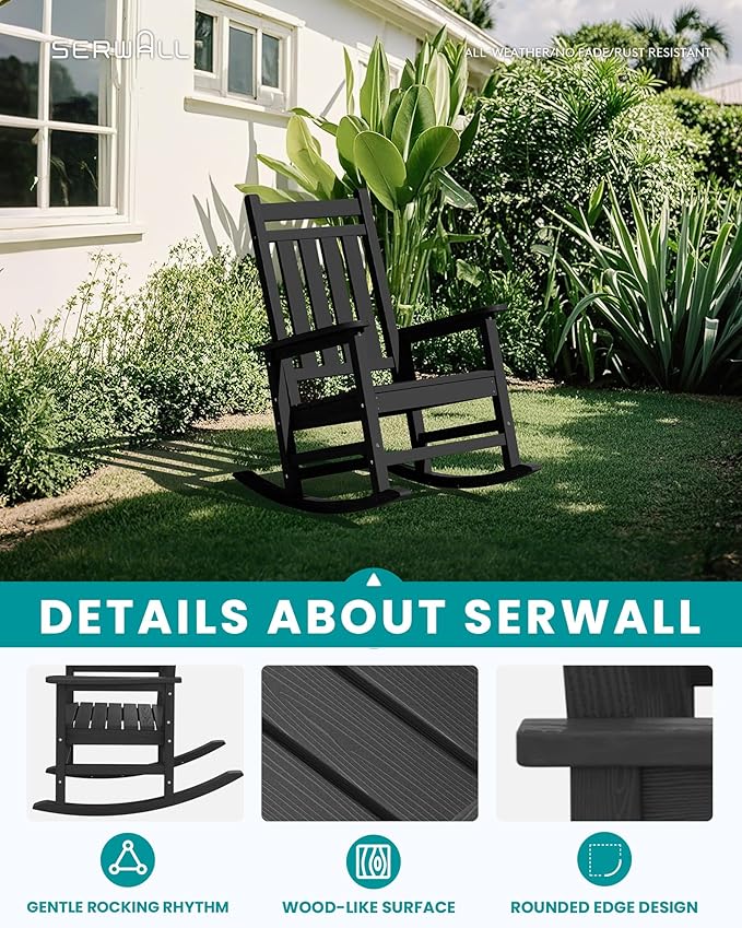 SERWALL HDPE Outdoor Rocking Chair Set of 6, Patio Rocking Chairs for Adults, All Weather Outdoor Rockers for Lawn, Black SERWALL