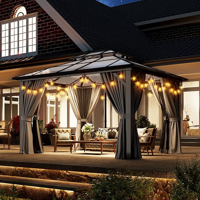 Aoxun 10'x12' Hardtop Gazebo, Aluminum Frame Permanent Pavilion with Curtains and Netting, Outdoor Polycarbonate Double Roof Canopy, Designed for Garden, Lawns, Patio Aoxun
