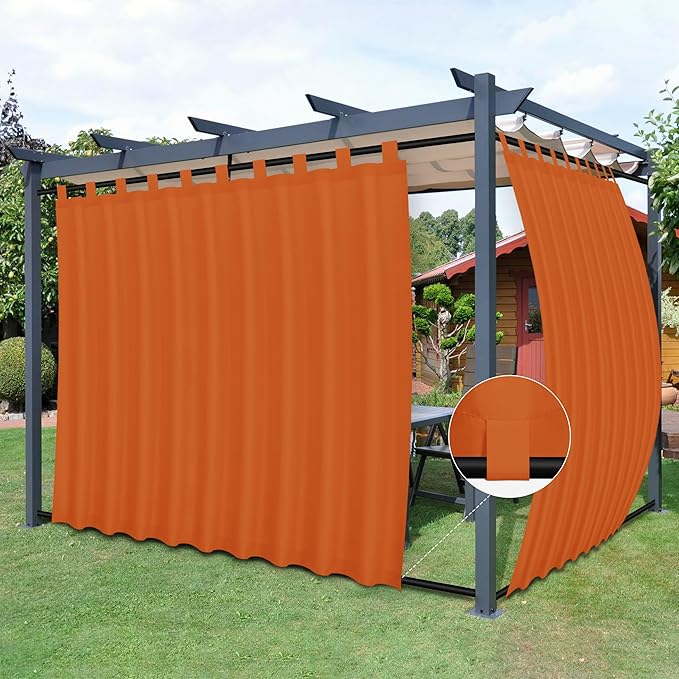 Easy-Going Outdoor Patio Curtains Detachable Tab Top Windproof Weatherproof Curtain for Cabana, Porch, Pergola and Gazebo, Tab Bottom Drape, 2 Panels, 110W x 96L inch, Orange Easy-Going