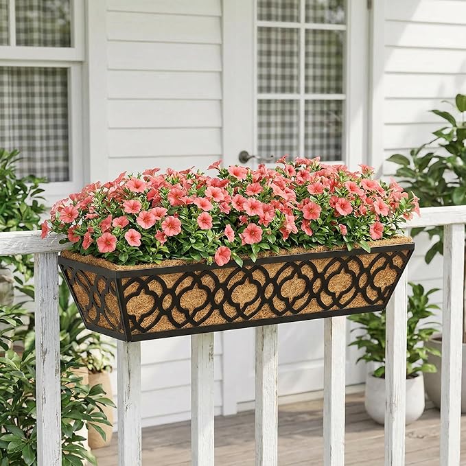 Y&M Flower Boxes for Deck Railings 24inch 4packs, Deck Railing Planter Boxes with Coir Liner Outdoor Railing Window Boxes Planters Hanging Planter Flower Box YM