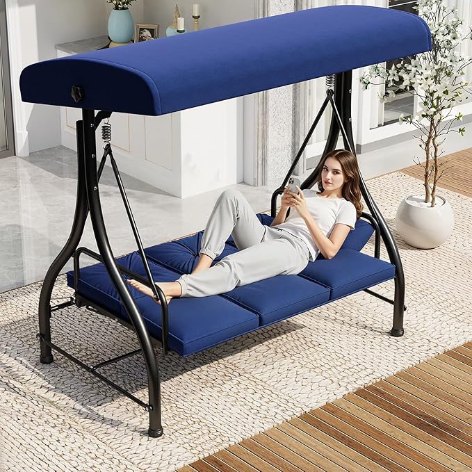 U-MAX Porch Swing Chair with Adjustable Backrest&Canopy, 3 Seat Patio Swing with Canopy 2-in-1 Convertible Outdoor Swing with Canopy Patio Daybed with Removable Blue Cushions for Adults U-MAX