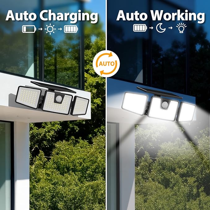 INCX Solar Motion Sensor Lights Outdoor, 3 Heads Security Lights Solar Powered, 156 LED Flood Light Motion Detected Spotlight for Patio Yard Garage Entryways, IP65 Waterproof 1 Pack INCX