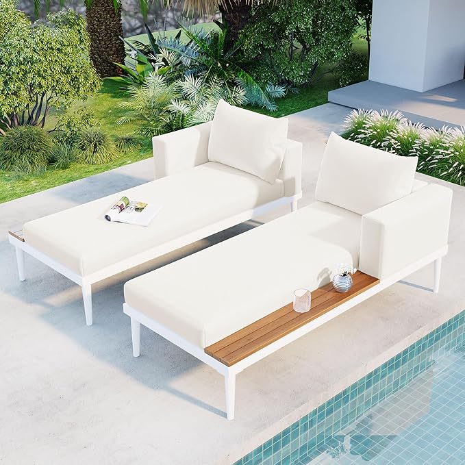 Outdoor Patio Metal Daybed with Wood Topped Side for Drinks, 2 in 1 Padded Chaise Lounge Chair with Cushions & Pillows, Outdoor Double Sun Lounger for Lawn Garden Poolside, Beige RuiSiSi