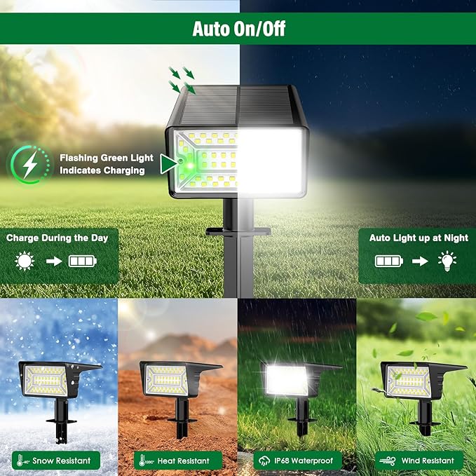 Solar Spot Lights Outdoor with 60 LED & Auto On/Off, 4 Pack Solar Lights Outdoor Waterproof IP68 with 3 Lighting Modes, 2-in-1 Solars Landscape Light for Outside, Garden, Yard(Cool White) Rootora