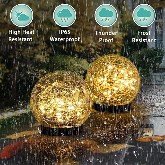 Solar Garden Lights Outdoor Waterproof, 4 Pack 30 LEDs Cracked Glass Ball Light, Ground Landscape Garden Decor, Solar Globe Decorative for Pathway/Patio/Lawn/Yard (Warm White, 3.9") SyouHome