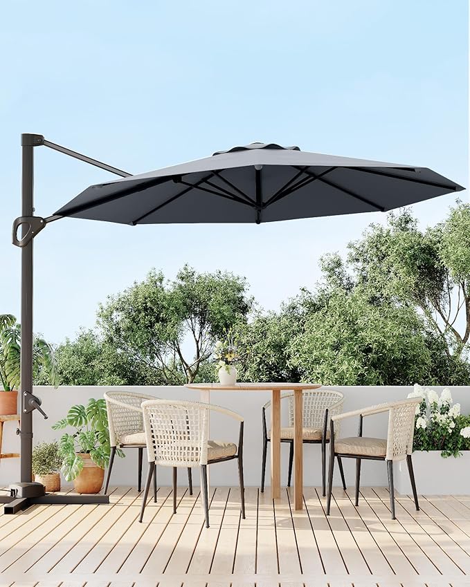 GarveeLife 10 ft Patio Umbrella Outdoor Large Cantilever Umbrella Market Sun Shade Windproof Offset Umbrella with 360-Degree Rotation for Garden Deck Pool Patio, Grey GarveeLife